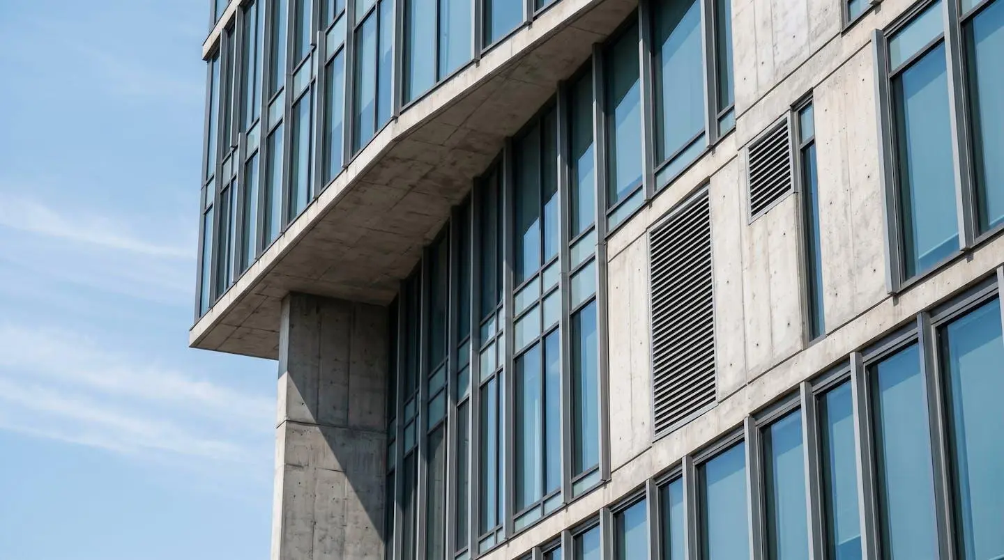 Façade de bâtiment commercial moderne montrant les systèmes de fenestration et l'enveloppe extérieure dans le Grand Montréal