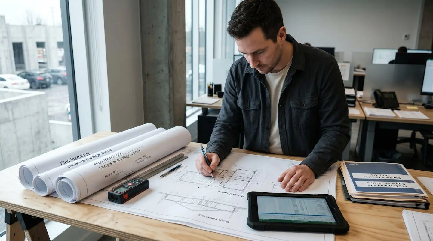 Professionnel travaillant sur des plans techniques et documents d'étude thermique dans un bureau d'ingénierie au Québec