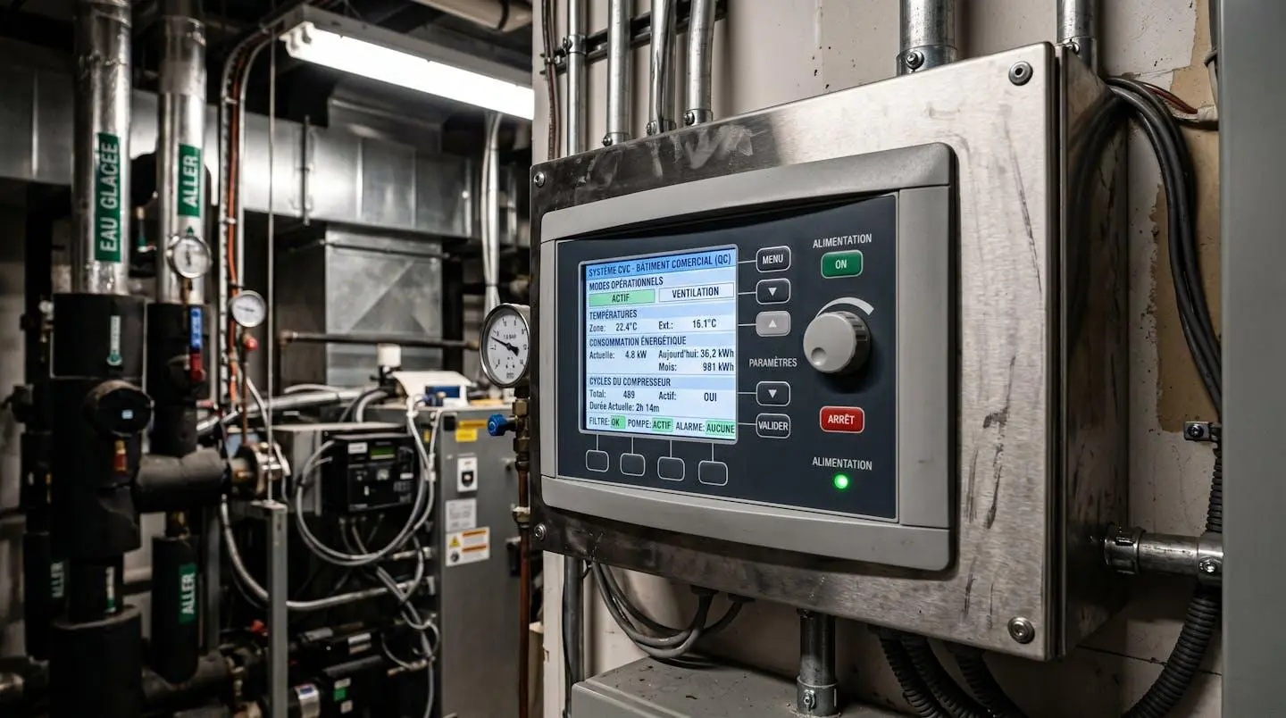 Tableau de contrôle numérique d'un système HVAC commercial affichant des données de consommation énergétique dans une salle technique