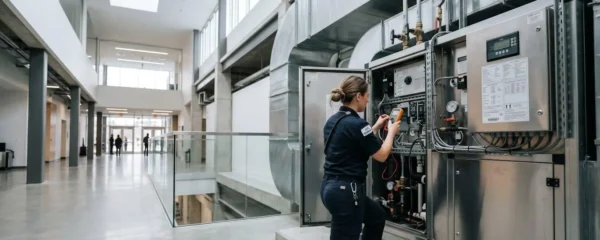 Technicien HVAC inspectant un système de climatisation commercial dans un bâtiment institutionnel moderne au Québec