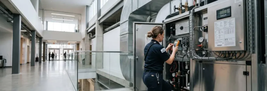 Technicien HVAC inspectant un système de climatisation commercial dans un bâtiment institutionnel moderne au Québec